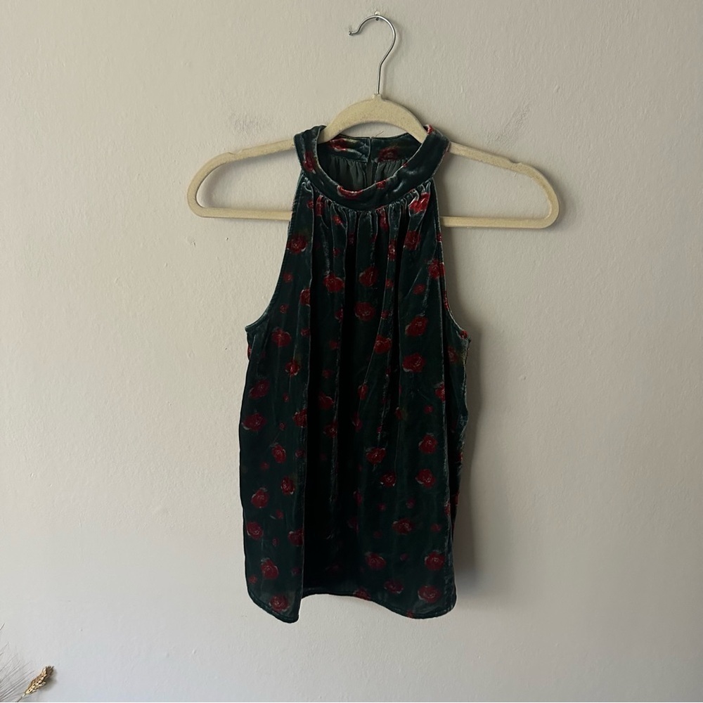Ann Taylor LOFT Green Rose Print Velvet Halter Holiday Top Size XS - Picture 6 of 11